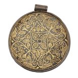 A damascened circular pendant, India, 19th century, circular, with central square filled with a