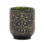 A Timurid-style incised spinach green jade cup with gilded decoration, of cylindrical form, on