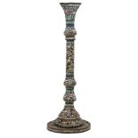 A polychrome enamelled copper lampstand, Syria, late 19th-early 20th century, in two parts, the