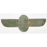 A large Egyptian-style blue faience winged scarab, the separately-made body and two wings perforated