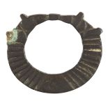 An iron Terret (reign ring), possibly Iron Age, and a small perforated vessel, ring 5.1cm. diam. (2)