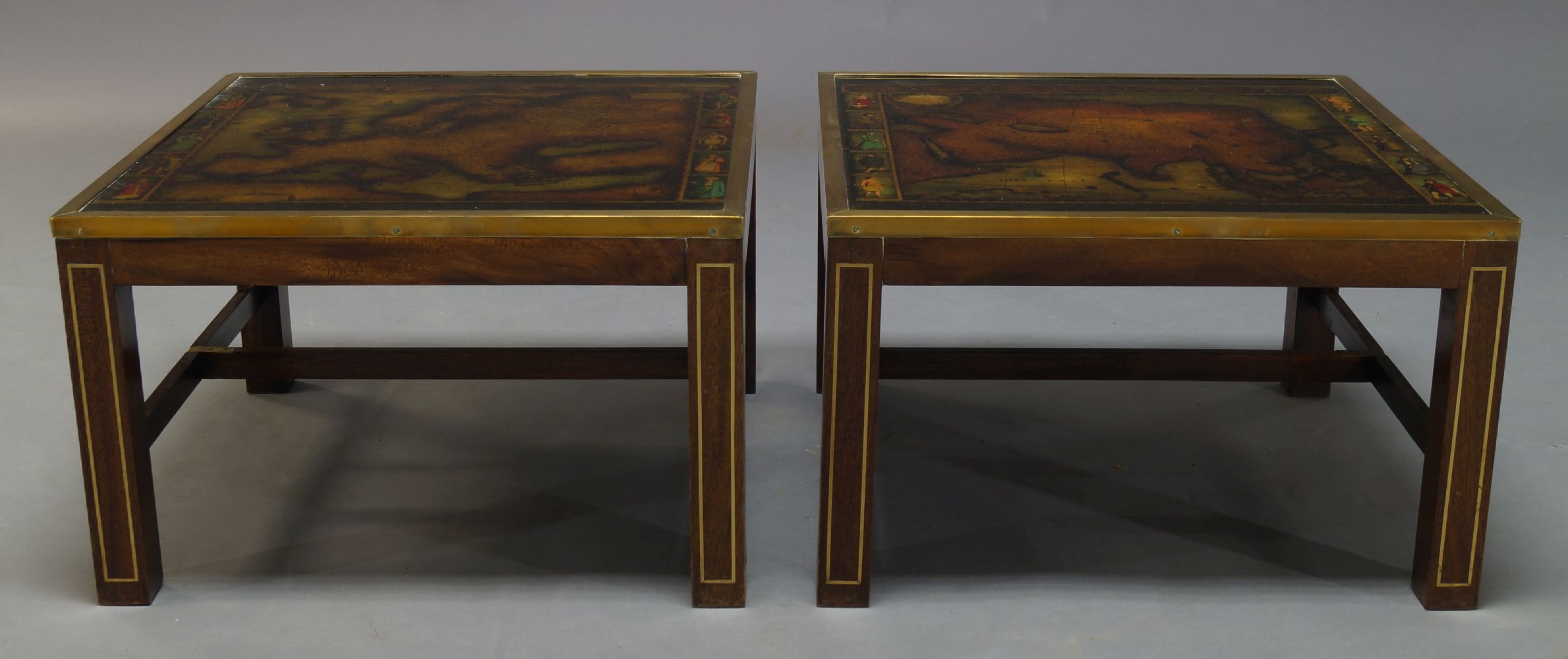 A large reverse printed glass and brass bound coffee table, c.1960, the glass top decorated with - Image 3 of 4