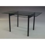 A Contemporary glass and black anodised steel dining table, with rectangular glass top, on