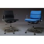 After Charles and Ray Eames, a soft pad style office chair, with blue fabric upholstery, on a