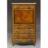 A Louis XV style tulipwood and kingwood secretaire, early to mid 20th Century, of serpentine form,