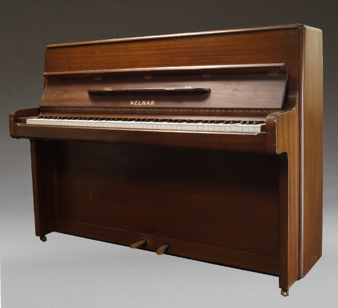 A mahogany upright piano by Welmar, retailed by Harrods, serial no.16457, 108cm high, 142cm wide,