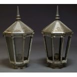 A pair of cast aluminium lanterns, 20th Century, each with spiked finial and tapering, glazed