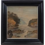 A pair of paintings on fabric depicting Asian riverside landscapes, one picture with two men