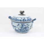 A Chinese export blue and white porcelain tureen and cover, 18th century and later, of oval form,