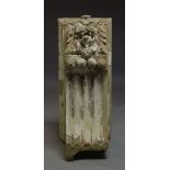 A pair of composite stone capitals, 20th Century, decorated with acanthus leaves, flanked by s-
