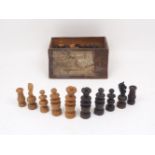 An ebonised and stained 'Club Box of Wood Chessmen', king 9.5cm high, in original wood box, with a