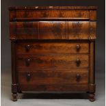 A Victorian flame mahogany chest of drawers, the rectangular top over blind frieze drawer, three