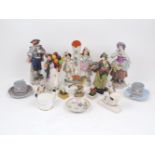 A selection of British and continental figural ceramics, to include: a pair of Dresden porcelain