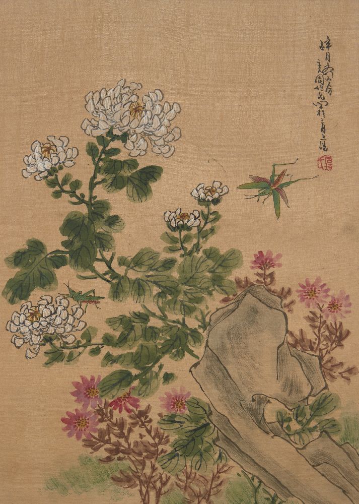 20th century Chinese School, ink and colour on silk, studies of flowers and insects, 36cm x 26cmSome