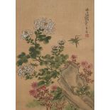 20th century Chinese School, ink and colour on silk, studies of flowers and insects, 36cm x 26cmSome