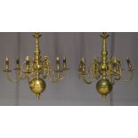 A pair of Dutch style six light chandeliers, 20th Century, of typical form, with bulbous form column