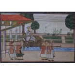 An Indian painting on silk, 20th century, of rectangular form, depicting a polychrome scene of