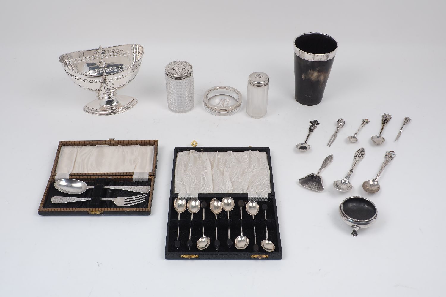 A group of silver items including: a cased Victorian Christening set, London, c.1891, Josiah