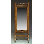 A floral marquetry inlaid cheval mirror, 19th Century, set within a rectangular frame, with square