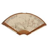A 20th Century Chinese ink wash painting on a fan, depicting a sage with three children in a