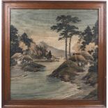 A 20th century Japanese painting on fabric of a riverside landscape with trees and thatched huts, in