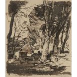 Raymond Teague Cowern RA RWS RE, British 1913-1986- Study of tombs in old woodland; pen and brush