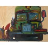 Nyein Chan Su, Burmese, b.1973- Figures boarding a green bus; oil on canvas, initialled and dated