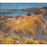 Russian School, late 20th century- Landscape with figures; oil on canvas, signed and inscribed in