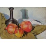 Avraham Azemon, Israeli 1916/18-2008- Still life with gas lamp; pastel on buff, signed and dated