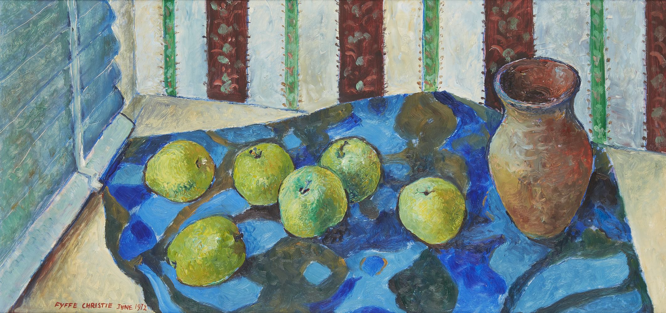 Fyffe Christie, British 1918-1979- Still life with apples and a vase, 1972; oil on board, signed and - Image 3 of 3