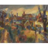 Basil Nubel ARCA, British 1923-1981- View of cottages and gardens; oil on canvas, signed and