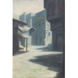 Nagi M Basilius, North African/Middle Eastern School, mid 20th century- Townscape with shadows on an