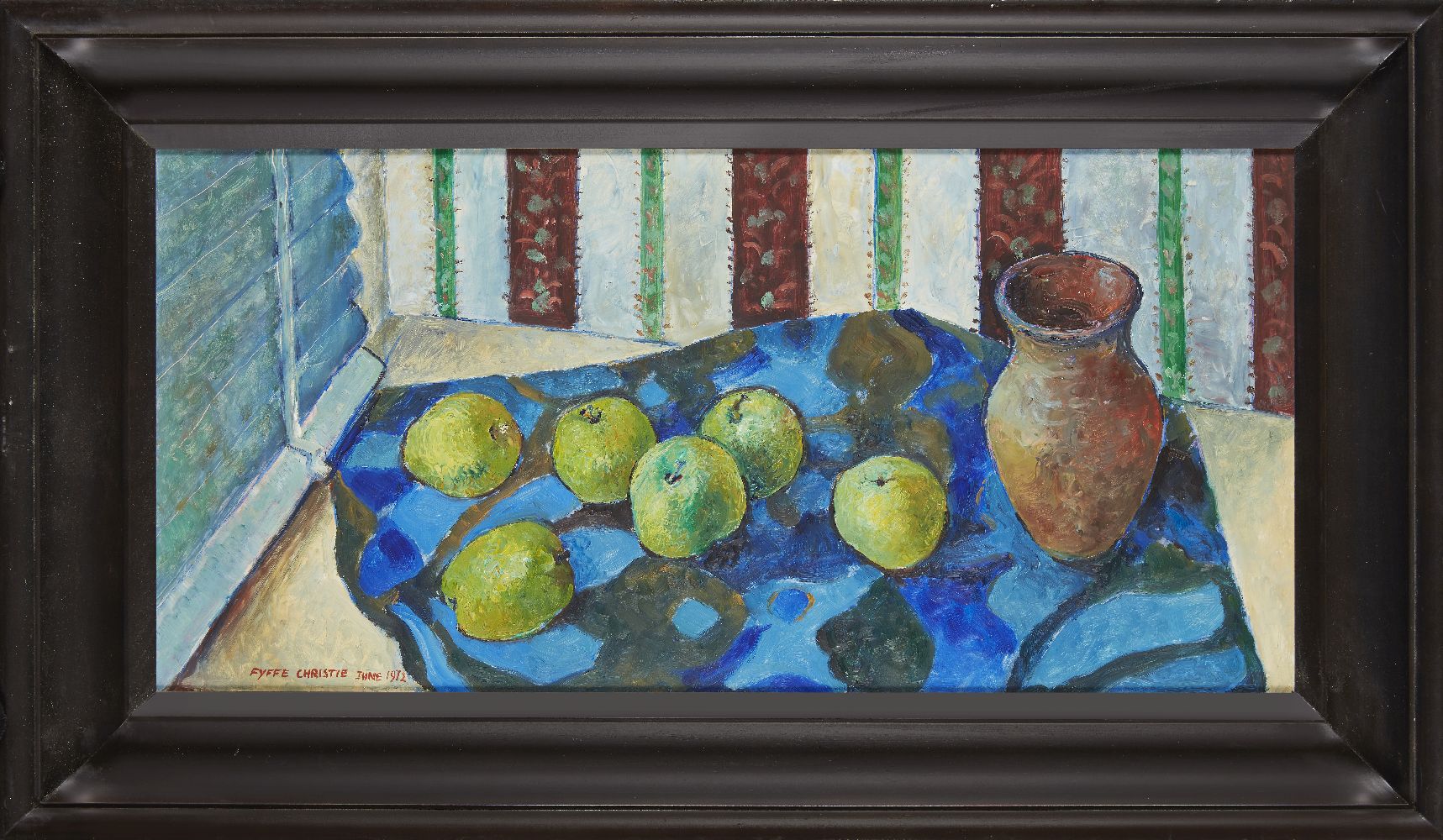 Fyffe Christie, British 1918-1979- Still life with apples and a vase, 1972; oil on board, signed and