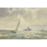 Edward George Marston Wilkes, British b.1914- Minehunter off Portsmouth; watercolour, signed,
