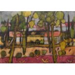 Avraham Azemon, Israeli 1916/18-2008- Houses in a wooded landscape; watercolour, signed, 47.5 x