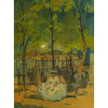Circle of George Stein, French 1870-1955- Lady seated by a pagoda in a parkland setting at night;