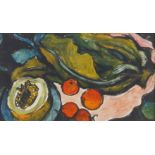 Fyffe Christie, British 1918-1979- Ornate dish, melon and tomatoes; oil on board, bears label verso,