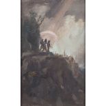 Scottish School, early 20th century- Figures on an escarpment; oil on board, signed with the