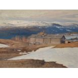 Nils Olzon, Swedish 1891-1953- Winter landscape with barns; oil on board, signed, 63x82cm (ARR)