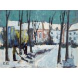 Octave Pirlet, Belgian 1914-1979- Two figures clearing snow; oil on card, signed, 55x73cm (unframed)