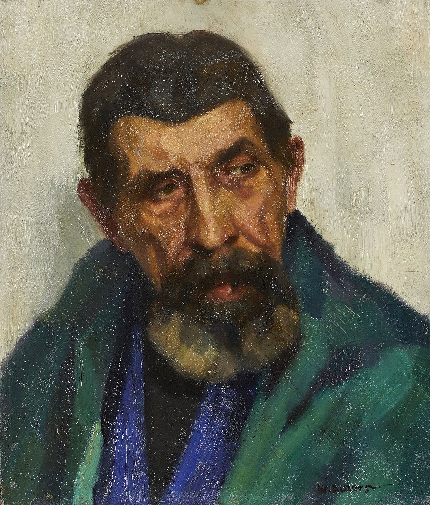 Ackers, British, mid 20th century- Portrait of man in a green jacket, head and shoulders; oil on