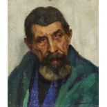 Ackers, British, mid 20th century- Portrait of man in a green jacket, head and shoulders; oil on
