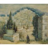 Avraham Azemon, Israeli 1916/18-2008- Figure looking across a hilltop of house; watercolour over