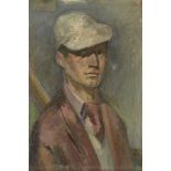 Basil Nubel ARCA, British 1923-1981- Portrait of a man, quarter-length in a white cap; oil on