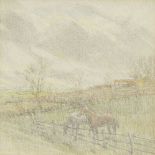 British School, early-mid 20th century- Horses by a fence along a country lane; coloured pencil,