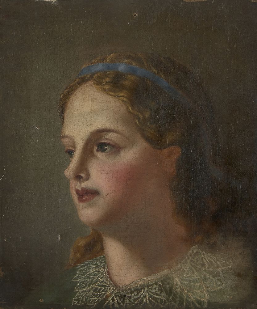 British School, mid-19th century- Portrait of a girl, quarter-length turned to the left in a green