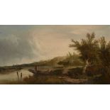 Attributed to Leslie E B Smythe, British act 1863-1867- Boatman on a tranquil river shore; oil on