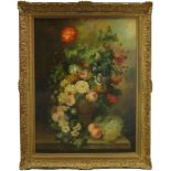 L Martin, late 20th century- Floral still life with grapes and peaches; oil on canvas, signed,