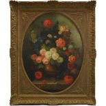L Martin, late 20th Century- Flowers in an urn; oil on canvas, oval aperture, signed, 102x76cmPlease