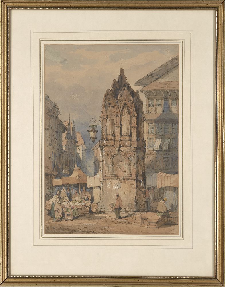 Samuel Prout OWS, British 1783-1852- The Croix de Pierre, Rouen; watercolour, signed, 38. - Image 2 of 3